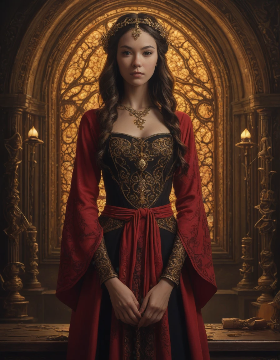 great lighting, the legend of Zelda, Focused lights, whimsical fairytale, psychedelic trip <lora:dare_fairytale_trip:0.8> BREAK symmetrical portrait of Thandiwe Newton, oriental art nouveau, red and black lace frock with golden trims, mid body, art and illustration by Rembrandt, Józef Mehoffer, tian zi and craig mullins and WLOP, fantasy, intricate complexity, fantasy character concept, hyperrealism 8k, virtual reality film studio, immersive cinematic experiences, interactive storytelling, virtual movie sets