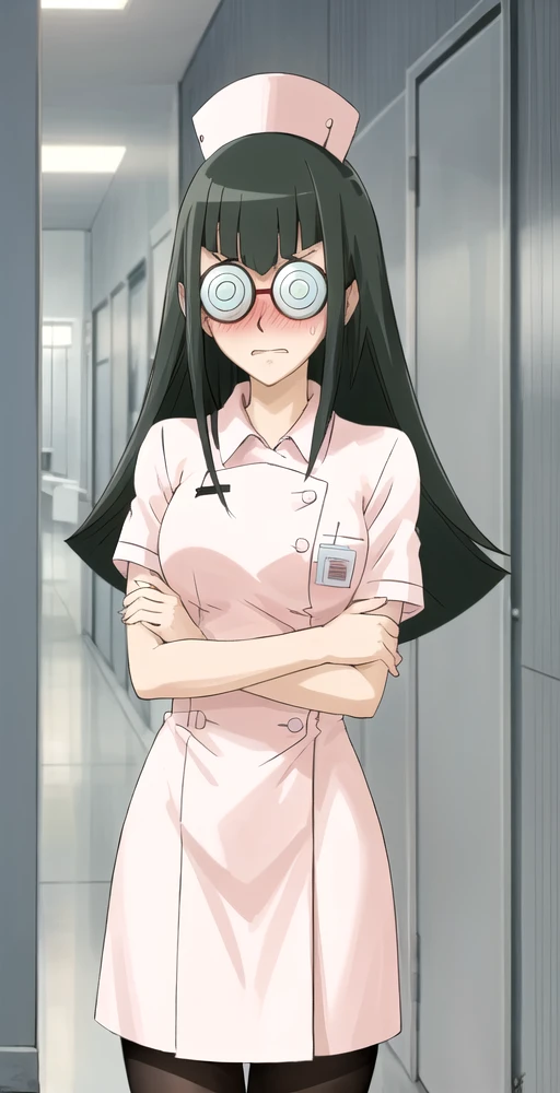 CC, 1girl, solo, blushing, embarrassed, nervous, nurse outfit, short sleeves, nurse hat, short skirt, pantyhose, glasses, perfect quality, good quality, masterpiece, HDR, UHD <lora:Carly Carmine:0.75>
