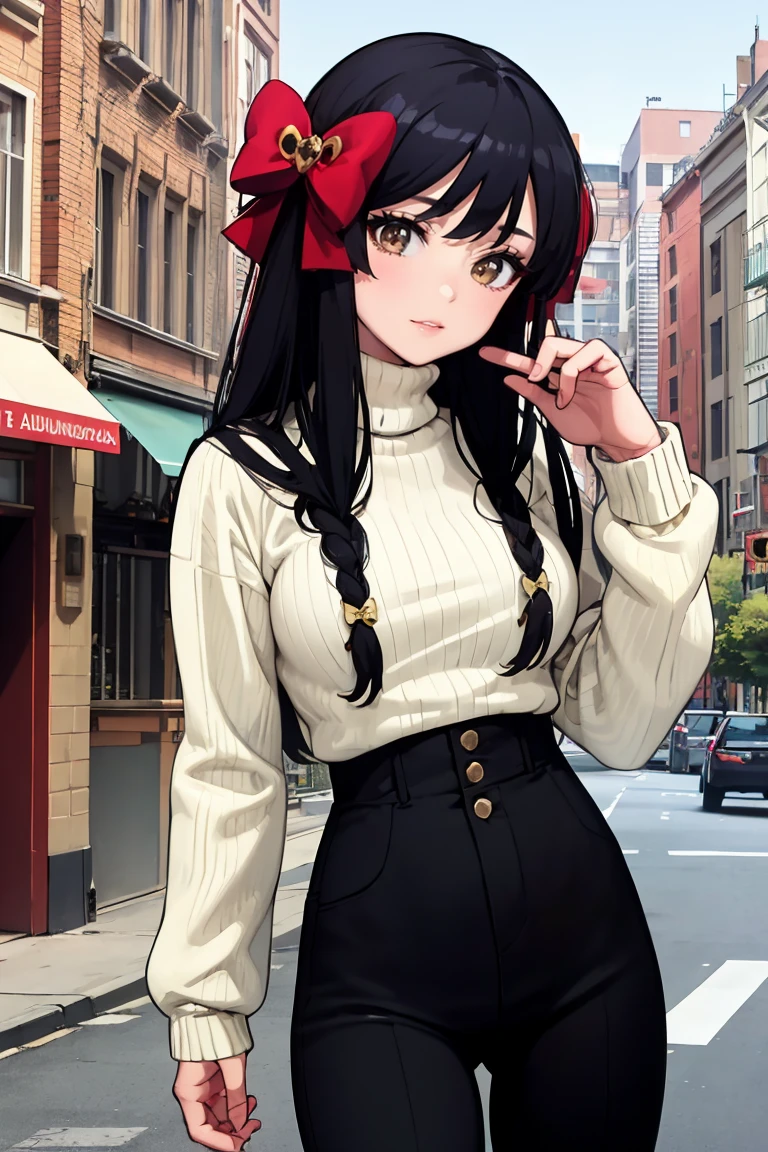 masterpiece, best quality, absurdres, ChikaruMinamoto, hair bow, sweater, ribbed sweater, long sleeves, high-waist pants, outdoors, city, <lora:ChikaruMinamoto:1>