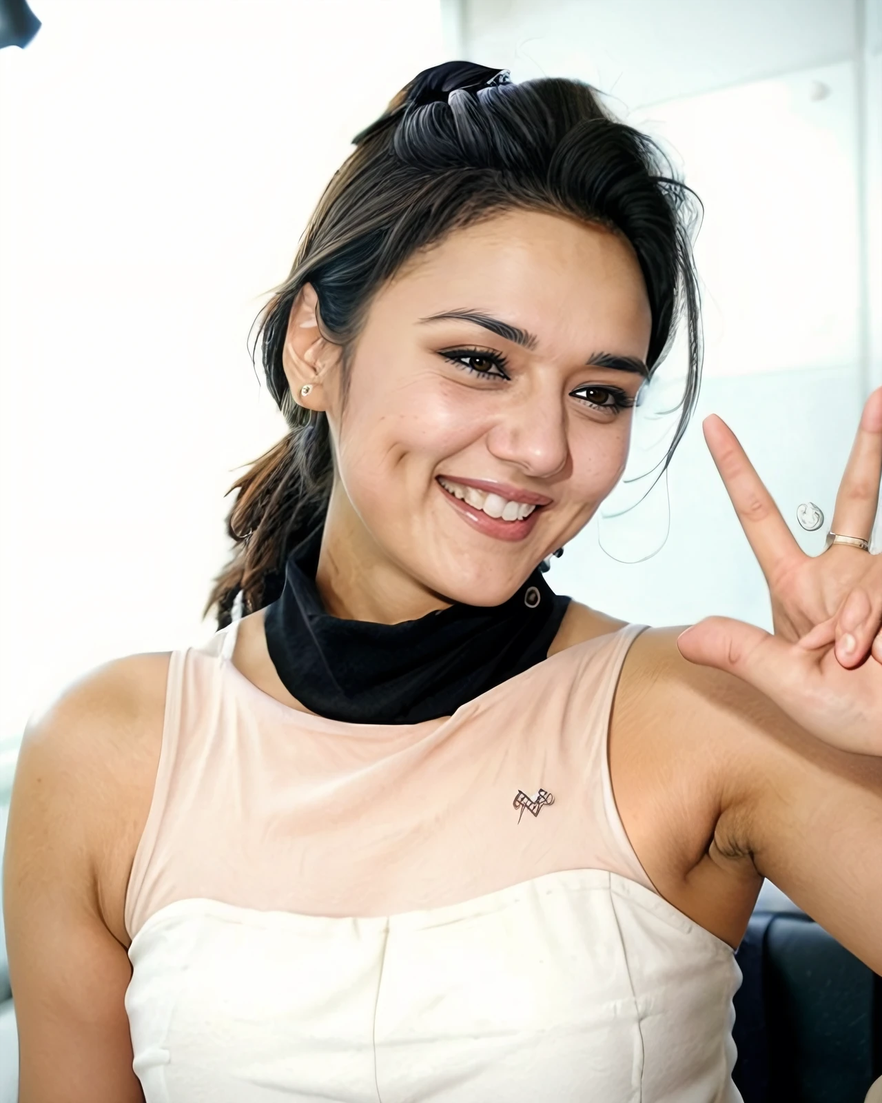 sharp focus photo of a prty woman in a dynamic pose, laughing, wearing elegant high-neck intricate sleeveless turtleneck, looking at camera, perfect hands and fingers, simple white background,   <lora:prty_Preity_Zinta_SD15_LoRA_prodigy_local_regs:1>