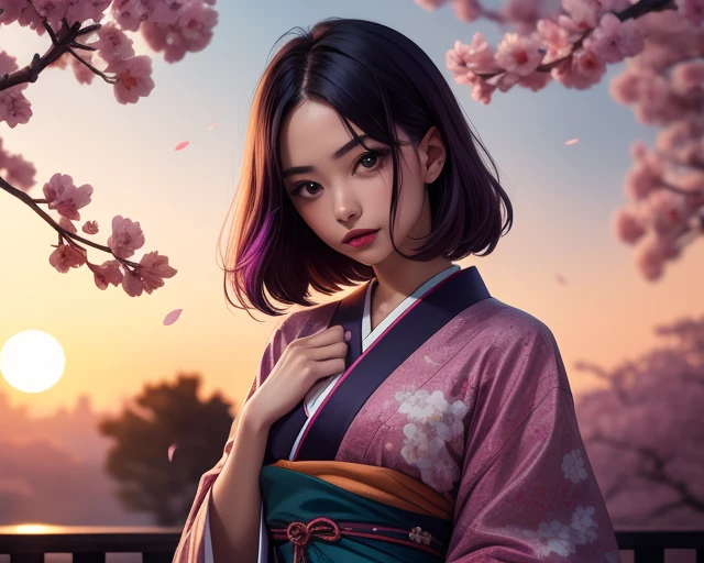 Gothic style 1girl, solo, beautiful adult woman, ut3na, high quality, purple hair, best quality, highres, high detail, atmospheric lighting,blurry foreground, Japanese kimono, traditional design, submissive pose, serene garden setting, cherry blossoms, sunset hues, vibrant, detailed, 8k resolution . Dark, mysterious, haunting, dramatic, ornate, detailed