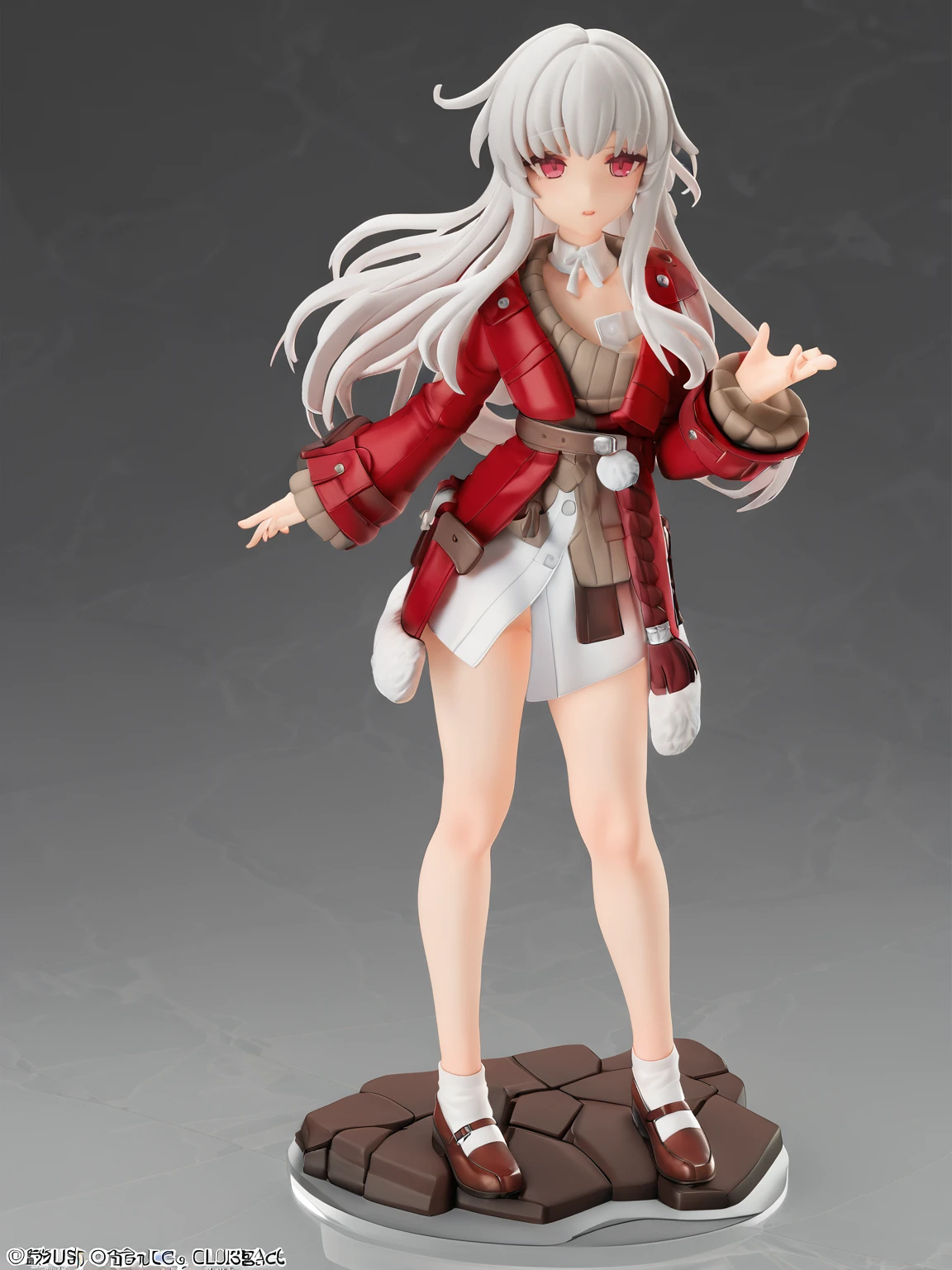 <lora:xl_pvc1.7-000004:1>,pvc,<lora:xl_clara_a3:1>,'clara' is a girl with long white hair and red eyes,she is wearing the 'kelala' outfit which includes red coat brown sweater white shirt,full frontal,, masterpiece, best quality,