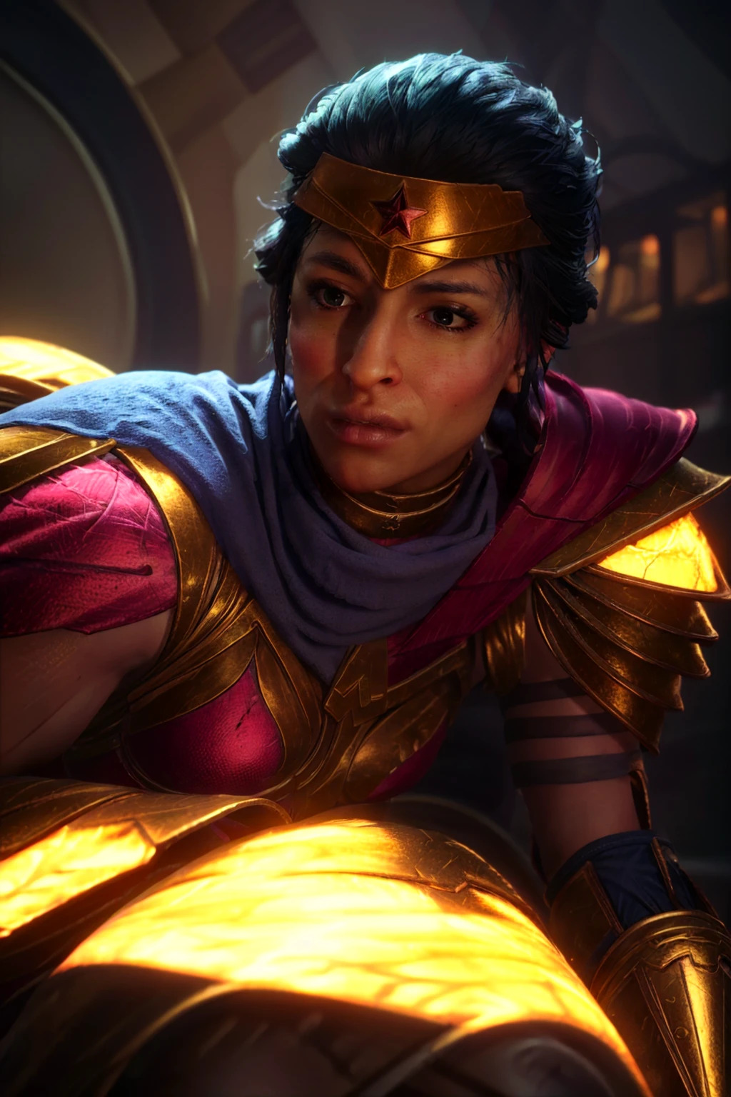 realistic, best quality, 8k uhd, dslr, soft lighting, high quality, Lying Down with Head Resting on Hand, city bg,  <lora:WonderWomanSSKTJLv1.0:0.8> wonderwomanssktjl,wonder woman,1girl,solo,tiara,red and gold armor,blue pants,cape,shoulder armor,armor ,looking at viewer