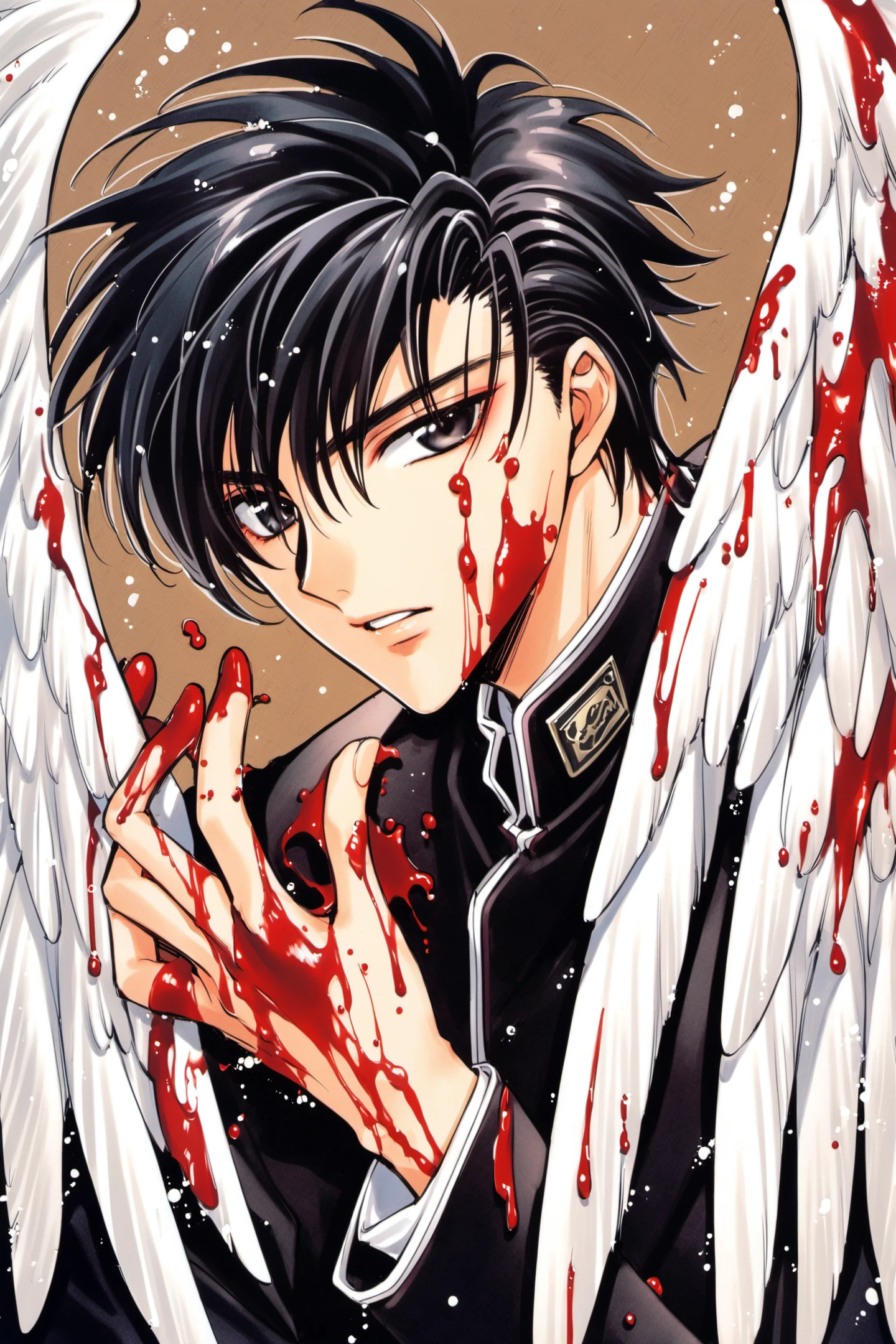 X,blood, male focus, 1boy, Fuma Monou,feathers, wings, black hair, feathered wings, solo, long sleeves, blood on hands, looking at viewer, hand up, white feathers, bangs, upper body, blood on face, light particles, blood on clothes, white wings, parted lips, school uniform, bleeding, black jacket, gakuran, short hair, angel wings, black eyes, <lora:X_XL:0.8>
