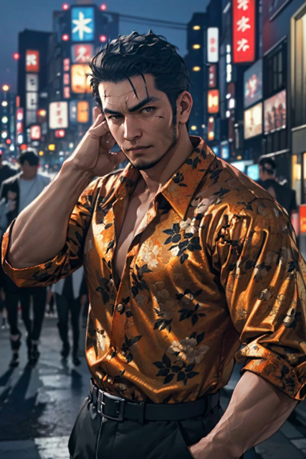 (1 image only),  solo male,  1boy,  Masaharu Kaito,  Yakuza,  38 years old,  Asian,  Japanese,  brown eyes,  black hair,  short hair,  cropped black hair,  chinstrap beard,  small scar cuts through left eyebrow,  handsome,  tall and muscular build,  orange and yellow and black floral silk button down shirt,  light grey dress pants,  black slip-on leather loafers,  fit body,  mature,  manly,  hunk,  masculine,  virile,  confidence,  charming,  alluring,  upper body in frame,  night at Kabukicho Tokyo,  perfect anatomy,  perfect proportions,  8k,  HQ,  (best quality:1.5,  hyperrealistic:1.5,  photorealistic:1.4,  madly detailed CG unity 8k wallpaper:1.5,  masterpiece:1.3,  madly detailed photo:1.2),  (hyper-realistic lifelike texture:1.4,  realistic eyes:1.2),  high_resolution,  picture-perfect face,  perfect eye pupil,  detailed eyes,  perfecteyes,  perfecteyes,  dutch angle,<lora:EMS-498-EMS:0.400000>,<lora:EMS-284837-EMS:0.500000>