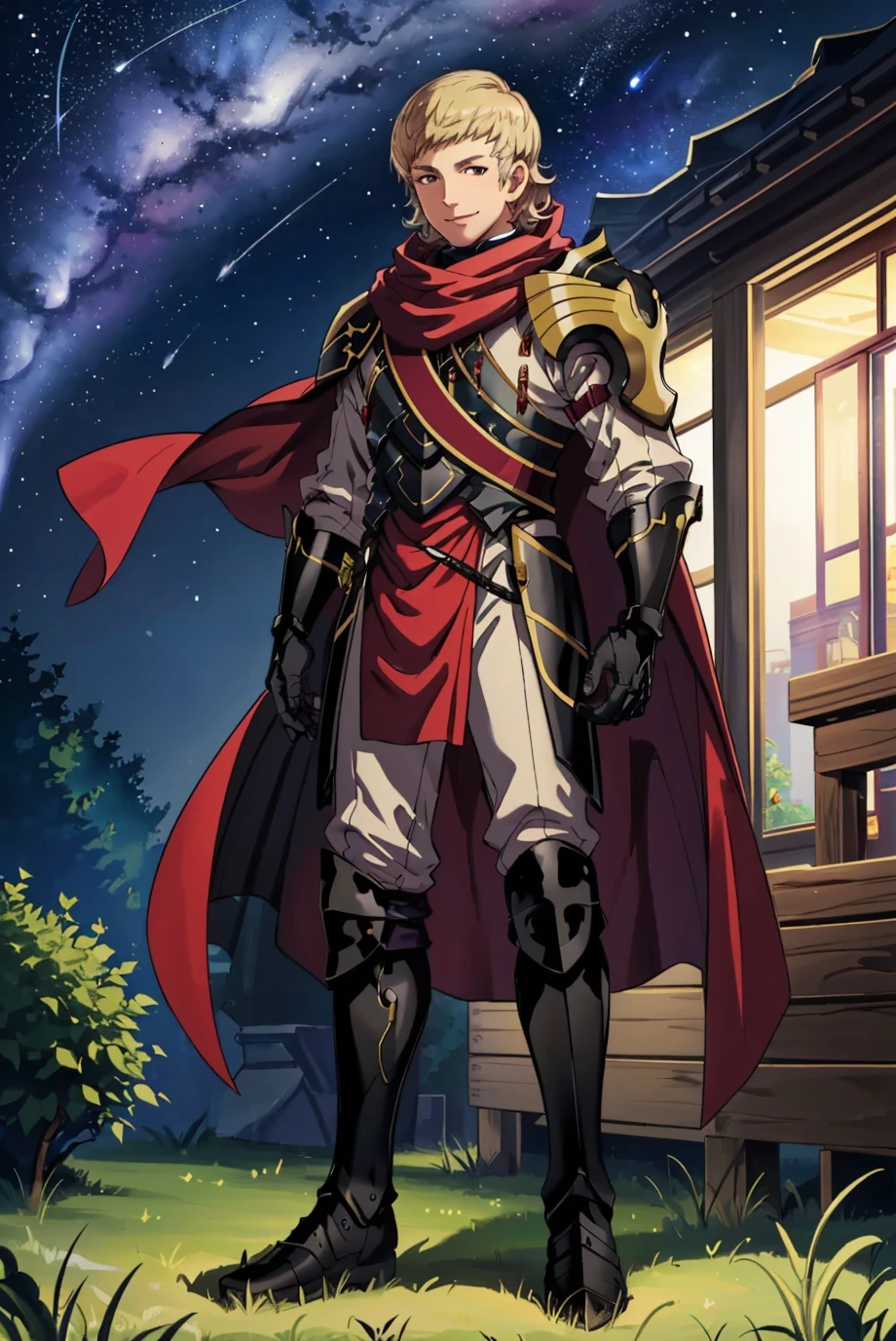 masterpiece, grass, night sky, stars, 1boy, solo, full body, looking at viewer, smile, <lora:SiegbertFE:0.7> siegbertFE, cape, armor, gloves, gauntlets, boots