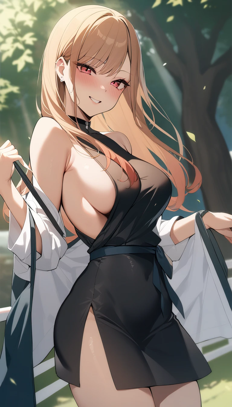1girl, kitagawa marin, sono bisque doll wa koi wo suru, rating:sensitive, detached sleeves, black dress, sideboob, outdoors, 
masterpiece, best quality, high quality <lora:marin_2:1>