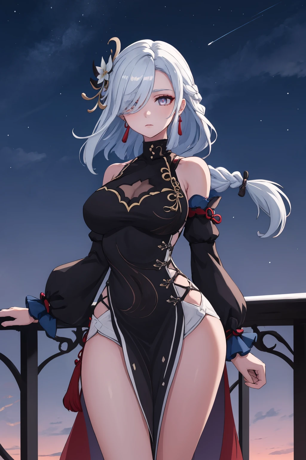 masterpiece, best quality, 1girl, solo, <lora:shenhefrostflowerdew-gi-richy-v1:0.9> shenhefd, braid, hair ornament, hair over one eye, earrings, dress, detached sleeves, tassel, wide hips, standing, outdoors, railing, night, night sky, dark, darkness, vista, beautiful, serene, large breasts
