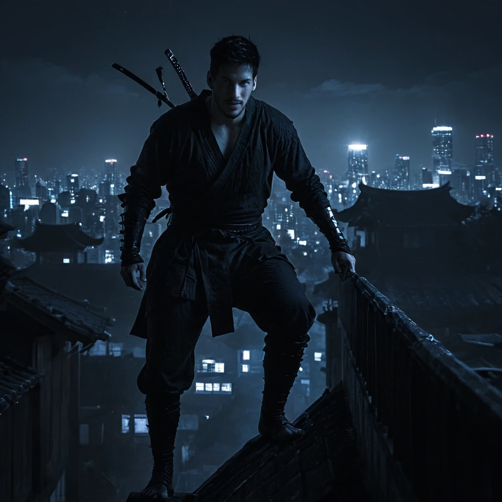mathp jason ritter the cyberpunk ninja assassin, prowling on japanese rooftop in medieval japan into darkness <lora:mathp-jason_ritter-000001:1> <lora:Into_Darkness:1>