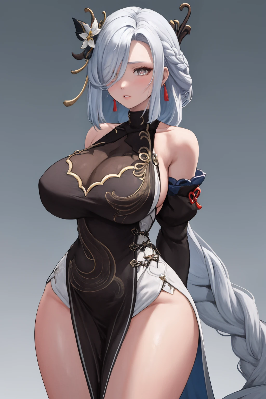 masterpiece, best quality, 1girl, solo, <lora:shenhefrostflowerdew-gi-richy-v1:0.9> shenhefd, braid, hair ornament, hair over one eye, earrings, dress, detached sleeves, tassel, cowboy shot, parted lips, bare hips, side slit, side boob, huge breasts, arms behind back, wide hips, long legs, thighs, pelvic curtain