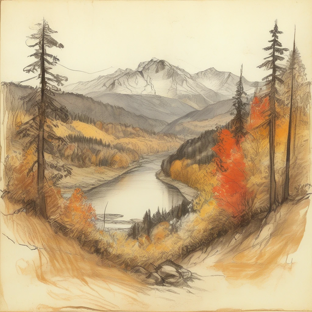 <lora:rough_sketch_xl_v2:1> rough sketch of a beautiful forested landscape with a river and distant mountains, scattered with vibrant fall colored trees and white flowers, detailed shading