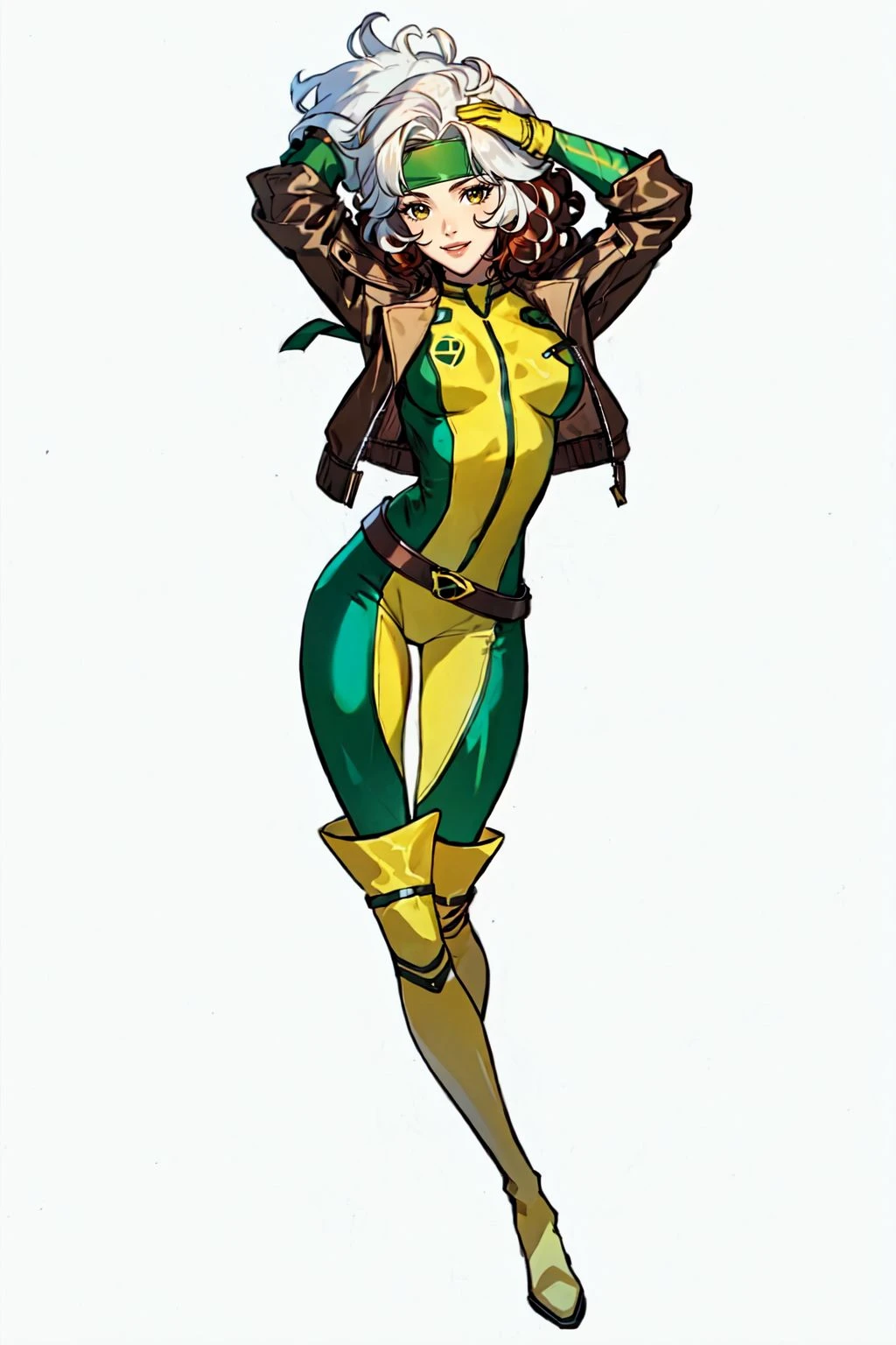 clsscrgedsk, 1girl, solo, smile, two tone hair, dyed bangs , white hair, auburn hair, curly hair, simple background, thighhighs, gloves, white background, jacket, full body, white hair, boots, belt, arms up, lips, bodysuit, headband, thigh boots, thigh gap, leather, yellow gloves, green bodysuit, yellow bodysuit, masterpiece, best quality , official art , <lora:Classic_Rogue:0.8>