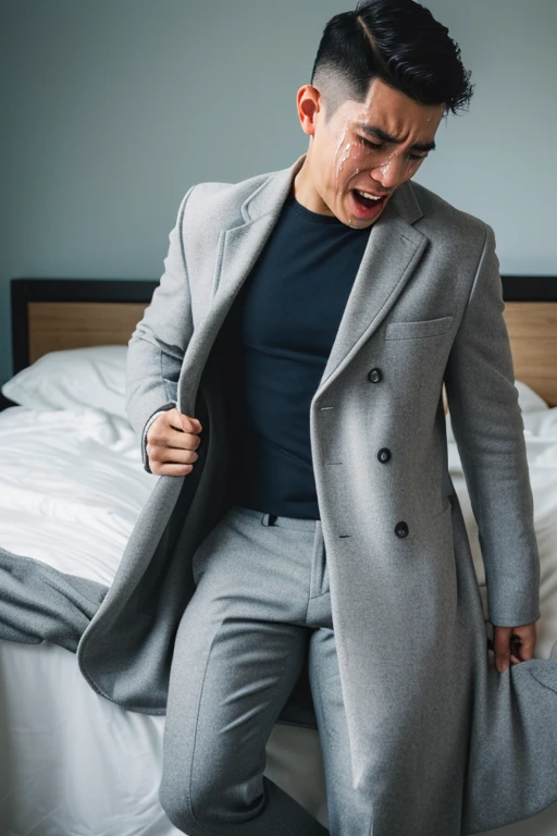 (masterpiece:1.35),(bestquality:1.4),8k,ultra-detailed,photography,(ultra-realistic:1.4),film grain,Fujifilm XT3,1boy,adult,(slim Asian male:1.45),solo,male focus,shirt,open coat,pants,simple background,(Short Haircut,Crying,waking up:1.45),