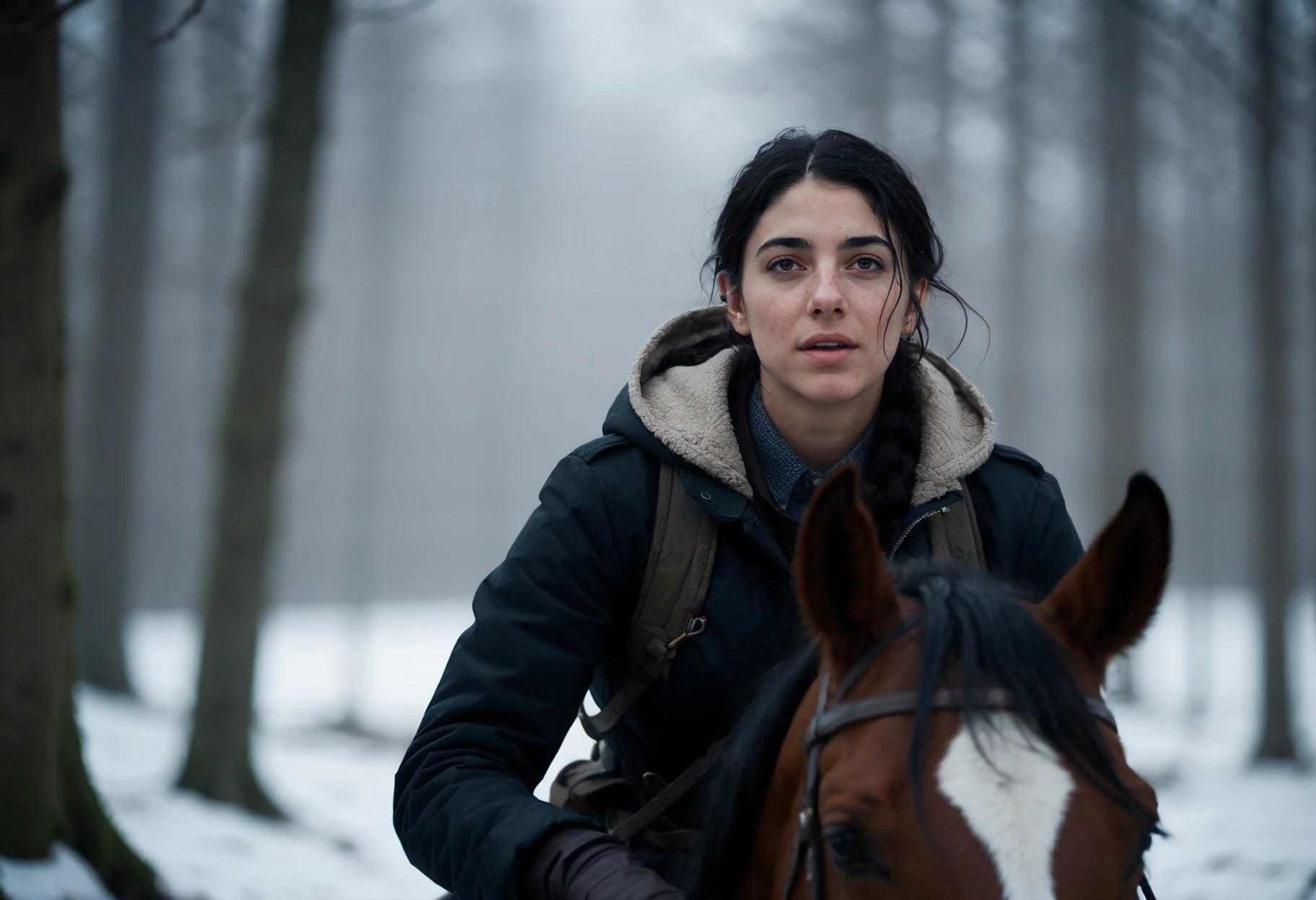 cinematic film still (ohwx woman:1.3) as a female character in a post apocalyptic videogame, riding a horse in the forest, snowing ,<lora:cascina_db128_v1_Lora:1.05> . shallow depth of field, vignette, highly detailed, high budget, bokeh, cinemascope, moody, epic, gorgeous, film grain, grainy