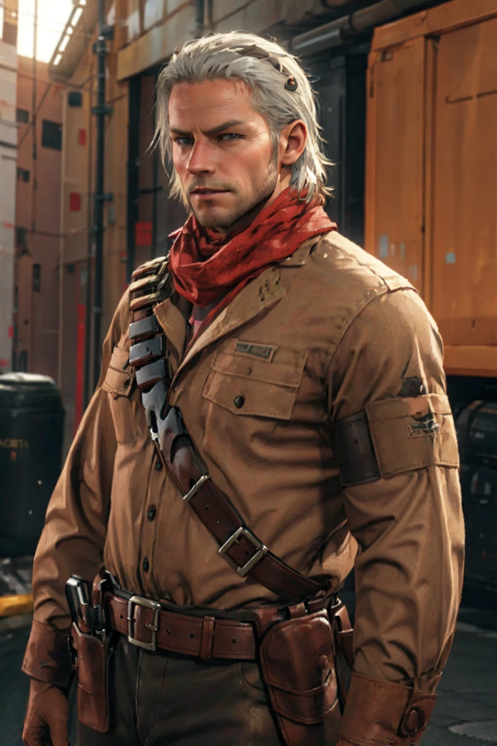 1boy,  solo,  Revolver Ocelot,  Metal Gear Solid,  40 years old,  grey eyes,  white hair,  stubble,  red linen scarf,  utility shirt,  long sleeves,  dark brown canvas pants,  knee-high cowboy boots with spurs,  red gloves,  brown leather bandolier,  belt,  holster,  handsome,  mature,  masculine,  virile,  confidence,  charming,  alluring,  upper body in frame,  Metal Gear Solid location,  perfect anatomy,  perfect proportions,  8k,  HQ,  (best quality:1.5,  hyperrealistic:1.5,  photorealistic:1.4,  madly detailed CG unity 8k wallpaper:1.5,  masterpiece:1.3,  madly detailed photo:1.2),  (hyper-realistic lifelike texture:1.4,  realistic eyes:1.2),  high_resolution,  picture-perfect face,  perfect eye pupil,  detailed eyes,  perfecteyes,  perfecteyes,  dutch angle,  cowboy shot,<lora:EMS-498-EMS:0.400000>,<lora:EMS-285147-EMS:0.700000>,<lora:EMS-3262-EMS:0.300000>