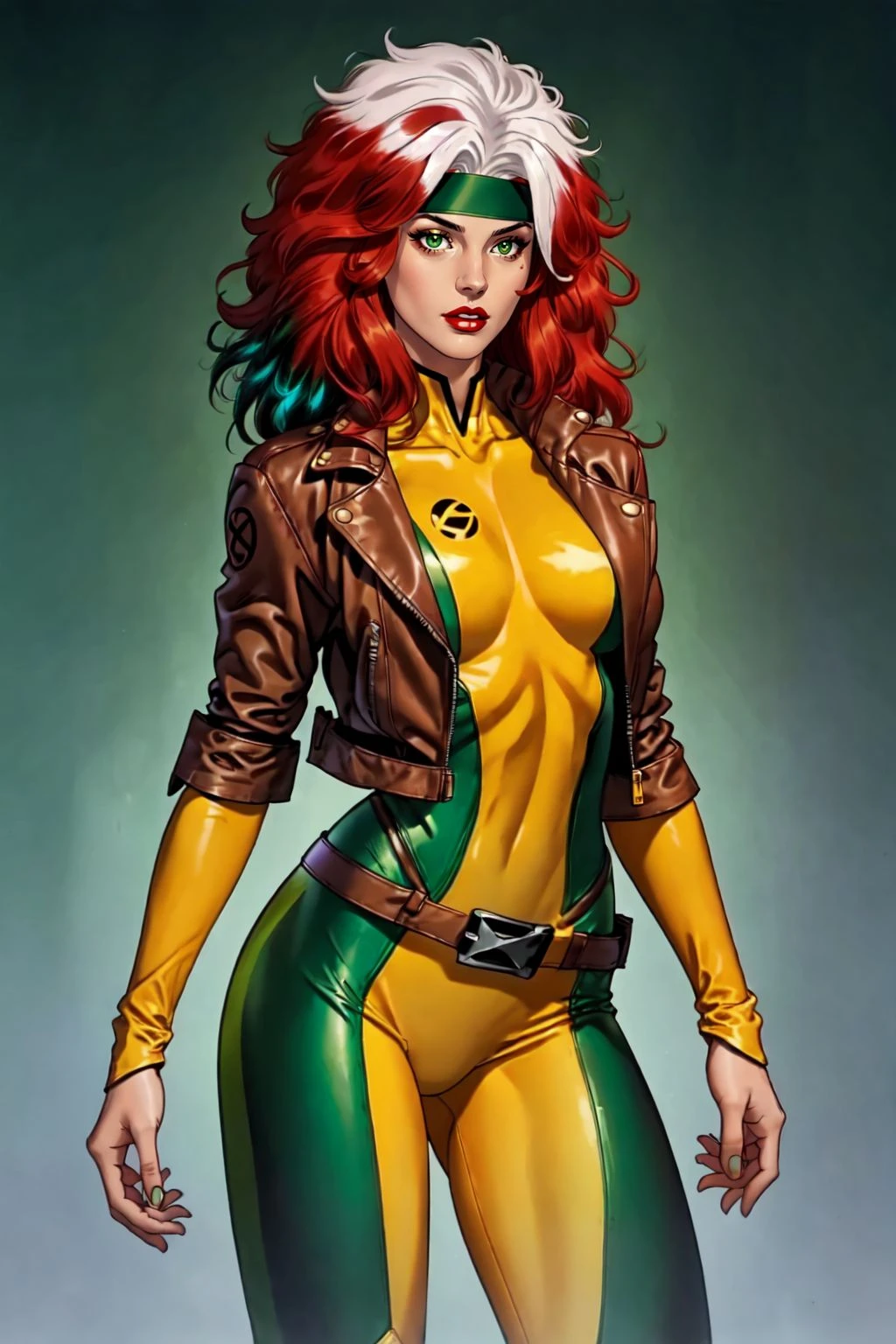 clsscrgedsk, 1girl, long hair, two-tone hair, dyed bangs, white hair, red hair, makeup, lipstick, headband, belt, bodysuit, sleeves rolled up, leather jacket, brown jacket, multicolored bodysuit, green bodysuit, yellow bodysuit, masterpiece, best quality , official art , <lora:Classic_Rogue:0.8>