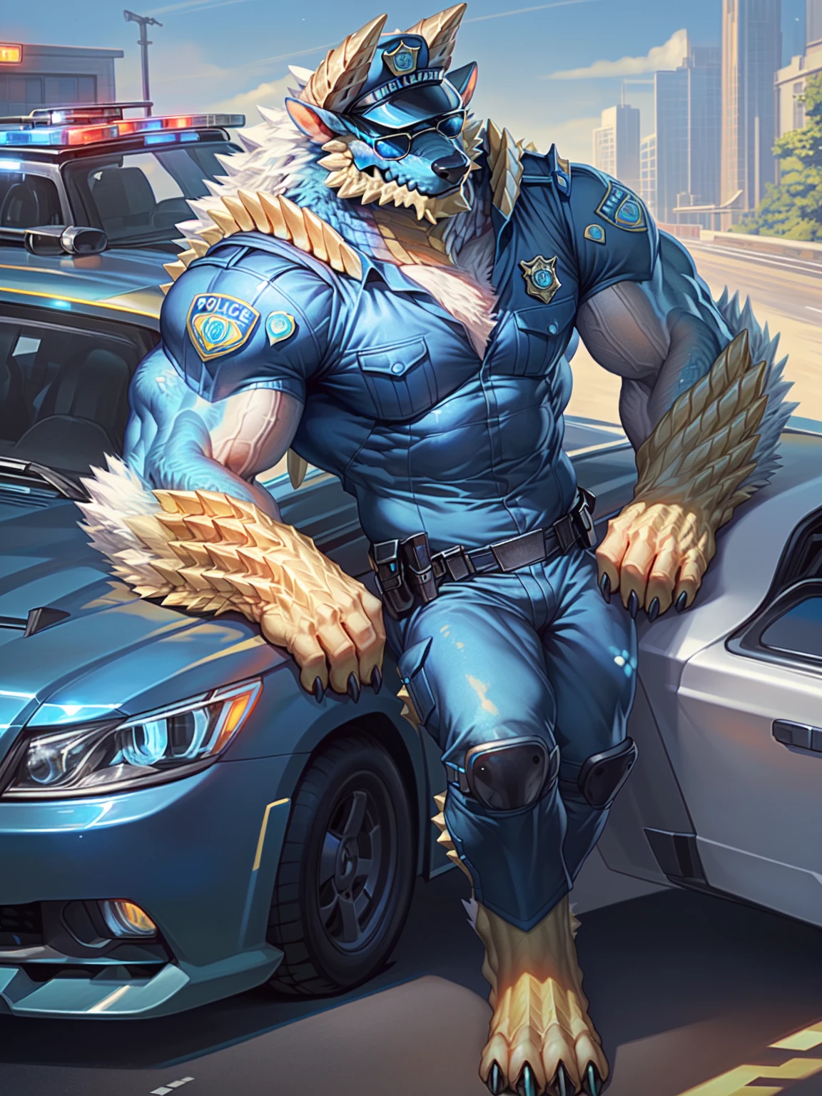 anthro,(zinogre:1.2),tail,((full body,blue eyes, blue body, white furry, yellow hand, yellow feet,blue face,4TOES,TAILS )),((horns)),muscular,
full body, ((police car, leaning on CAR))
(by null-ghost,by raccoon21,masterpiece,high quality),
((police_uniform, police cap)),sunglasses,
(front view), <lora:zinogre-000012:1>