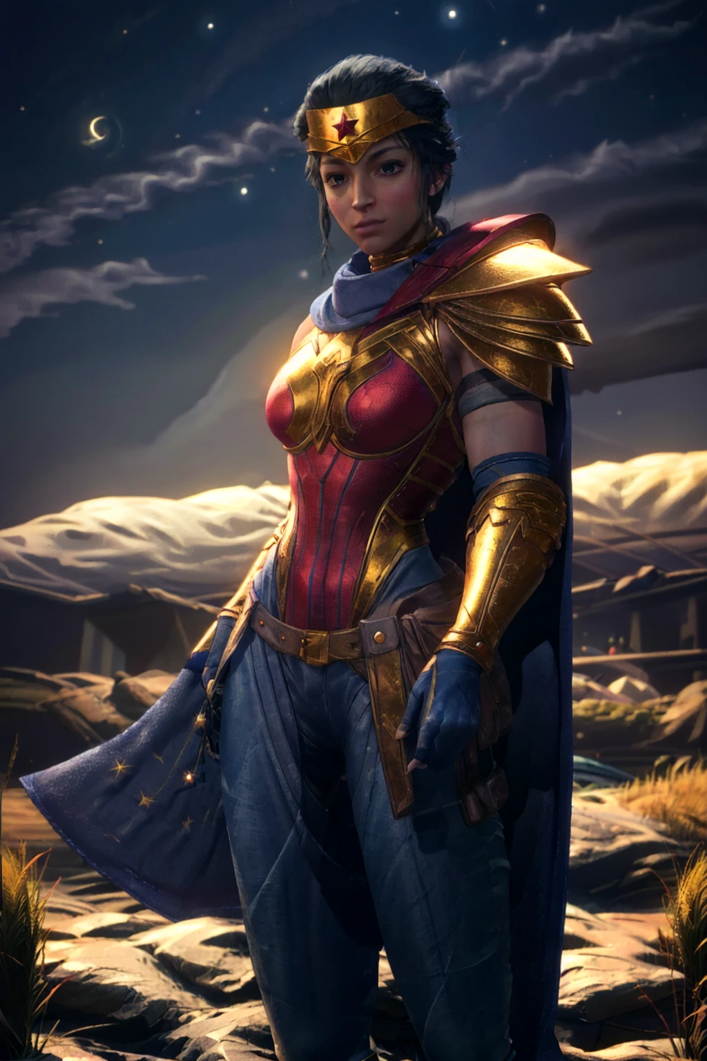 realistic, best quality, 8k uhd, dslr, soft lighting, high quality, cowboy shot, Starry Night Sky Over a Prairie,  <lora:WonderWomanSSKTJLv1.0:0.8> wonderwomanssktjl,wonder woman,1girl,solo,tiara,red and gold armor,blue pants,cape,shoulder armor,armor ,looking at viewer