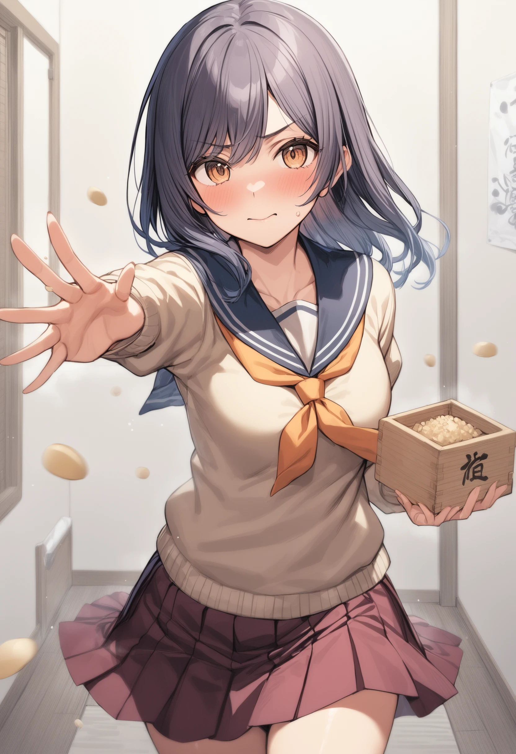 1girl, <lora:sdxl2-flat2-512b:-1>,school uniform,
<lora:mamemakiXLv1:0.7>,mamemaki,setsubun, solo,standing,  throwing ,indoors,
masterpiece, best quality,