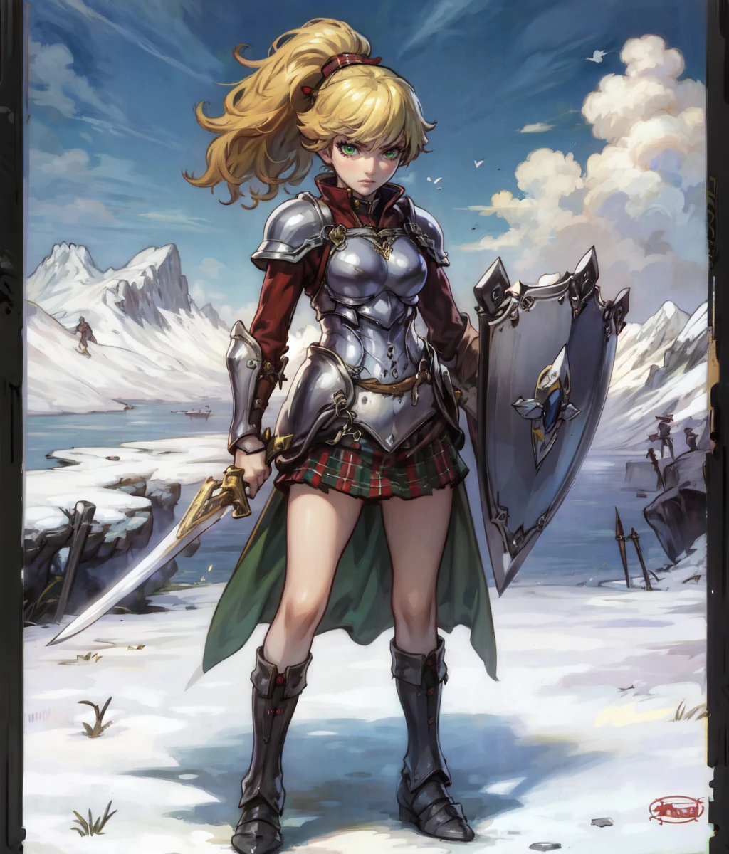 masterpiece, high res, anime screencap, 1girl, solo, angry, sword and shield, ponytail, blonde hair, green eyes, armor, scotish skirt, black pantythose, standing, full body, outdoors, mountain, cowboy shot  <lora:Gwen:1>