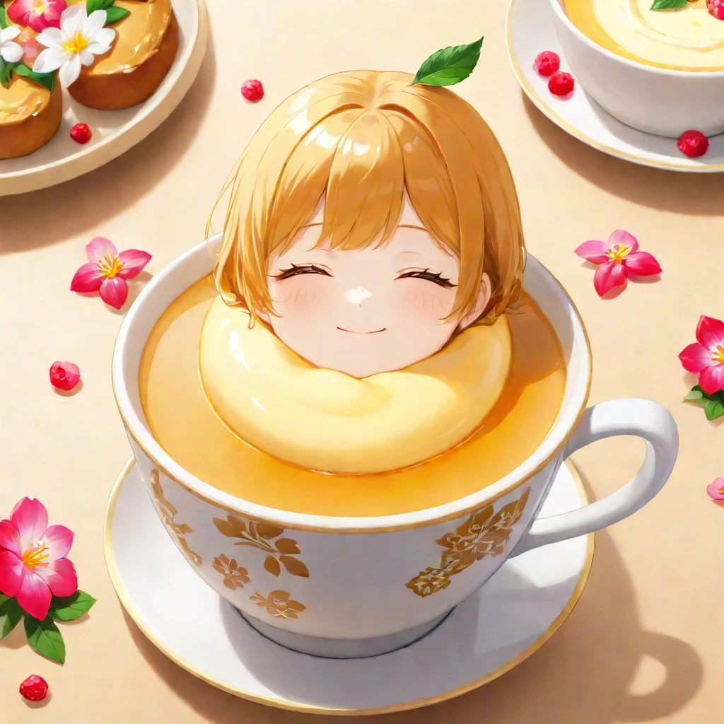 Photo of a custard pudding with a human face on the cup, showing a serene expression with closed eyes and a slight smile. The custard is smooth and creamy, with a golden caramel sauce on top, while the cup is adorned with delicate floral patterns.