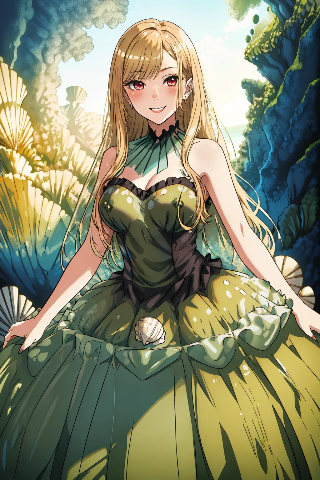 ((masterpiece,best quality,edgQuality)),(smile),standing,posing,solo,1girl,
 <lora:edgSeaweedGowns:1> wearing ballgown, with (seashells,seaweed), edgseaweed, edgseaweed_dress
 <lora:MarinKitagawa:0.8> Marin Kitagawa, Gradient blonde hair