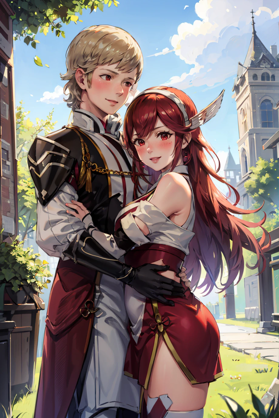 masterpiece, outdoors, grass, sky, couple, hetero, 1boy, 1girl, embrace, smile, blush, <lora:SiegbertFE:0.75> siegbertFE, <lora:caeldori-nvwls-v1:0.7> caeldori