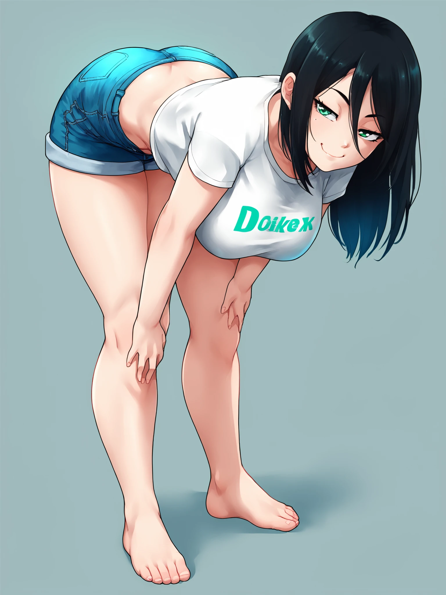 score_9, source_anime, 1girl, black hair, green eyes, smirk, half-closed eyes, large breasts, wide hips, white t-shirt, denim shorts, bent over, knees together feet apart, looking at viewer,   <lora:KanabunXL:0.87>