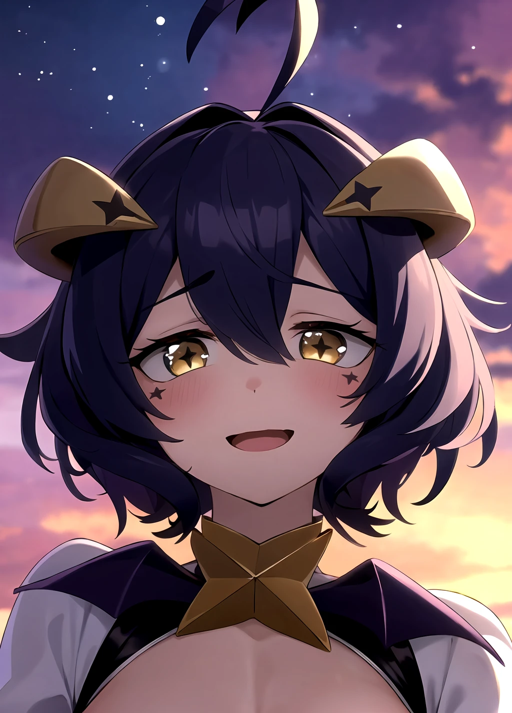 <lora:Utena Hiiragi anylora13r15r30r-000006:0.7>, Utena Hiiragi, 1girl, solo, close-up, horns, open mouth, purple hair, blush, short hair, looking at viewer, smile, star (symbol), yellow eyes, ahoge, hair between eyes, antenna hair, bangs, symbol-shaped pupils, star-shaped pupils