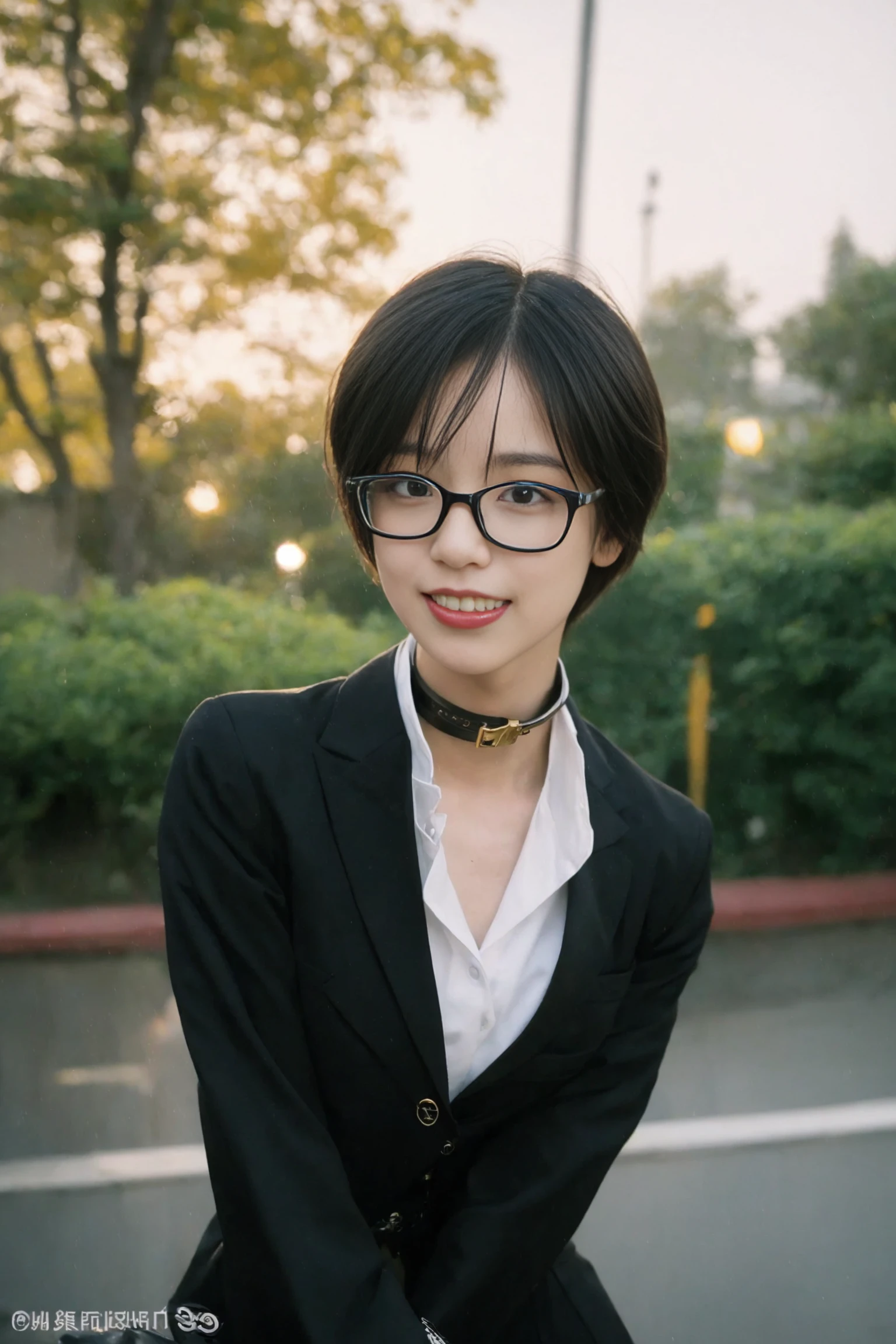 <lora:chengguo_v01:0.9>,
(8k, RAW photo, best quality, masterpiece:1.2), (realistic, photo-realistic:1.37), omertosa,1girl, blurry background,city, rain,wet,professional lighting, photon mapping, radiosity, physically-based rendering, backlight bokeh, blurry background, ((black choker)), red lips, student ,((lights shinning on the face))
head portrait
,
sunlight, ((outdoors)) ,((light shinning on the hair))
school uniform,
((short hair)), ((floating hair)), black hair,wavy hair, glowing hair,
135mm lens,gold-rimmed glasses,,big breast,red lips,smile,((office suit))