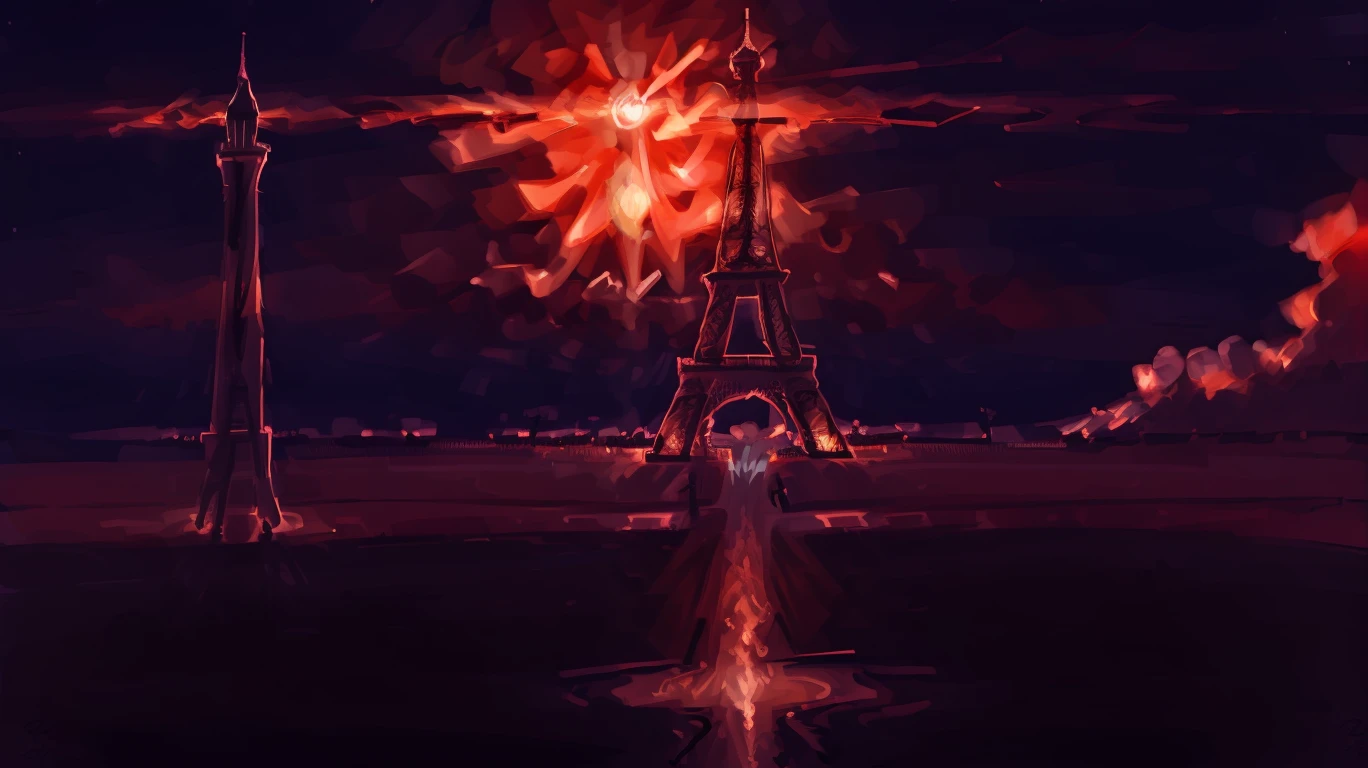 [ (art by John Le:0.8) : Nicolaes Maes:13], digital art, landscape of a Eiffel Tower and Solar prominence, it is Unique, at Blue hour, Ultra Detailed, intricate background, F/2.8