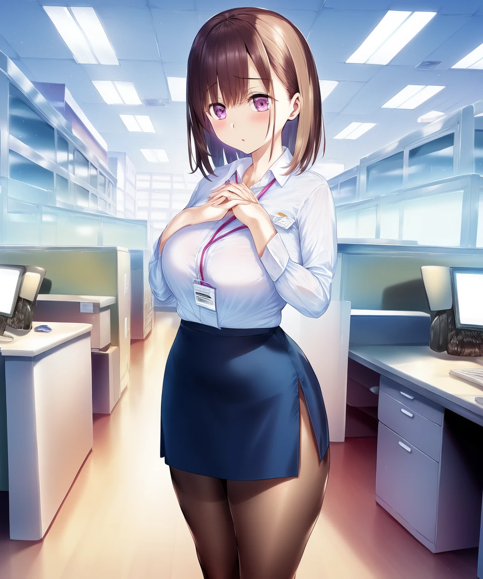 masterpiece, best quality, office lady, breasts, pantyhose, white shirt,low-tied hair, standing, own hands together, office,  skirt, short skirt, confused,   <lora:hisasinai:1>