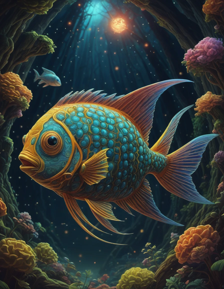 great lighting, the legend of Zelda, Focused lights, whimsical fairytale, psychedelic trip <lora:dare_fairytale_trip:1> BREAK speculative evolution of a footed angel fish detailed colorful, done by dougal dixon illustration trending on artstation afterman, celestial observatory, cosmic wonders, starry skies, unraveling mysteries