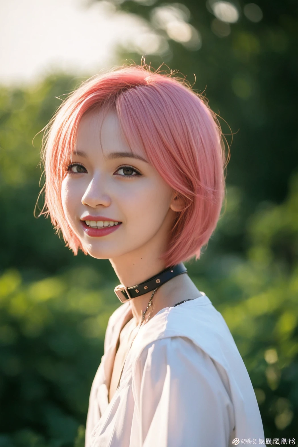 <lora:chengguo_v01:0.9>,
(8k, RAW photo, best quality, masterpiece:1.2), (realistic, photo-realistic:1.37), omertosa,1girl, blurry background,lake, rain,wet,professional lighting, photon mapping, radiosity, physically-based rendering, backlight bokeh, blurry background, ((black choker)), red lips, student ,((lights shinning on the face))
head portrait
,
sunlight, ((outdoors)) ,((light shinning on the hair))
short t-shirt,
((short hair)), ((floating hair)), pink hair,straight hair, glowing hair,
135mm lens,,big breast,red lips,smile,((office suit))