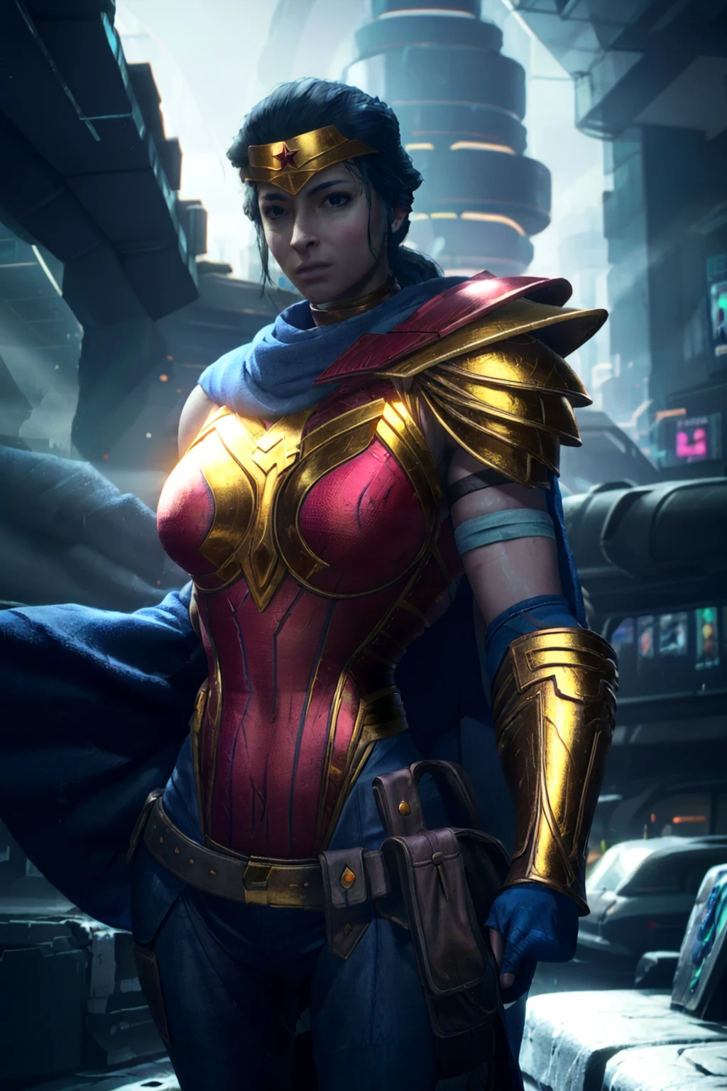 realistic, best quality, 8k uhd, dslr, soft lighting, high quality, Reaching Outward, futuristic city, cyberpunk,,  <lora:WonderWomanSSKTJLv1.0:0.8> wonderwomanssktjl,wonder woman,1girl,solo,tiara,red and gold armor,blue pants,cape,shoulder armor,armor ,looking at viewer