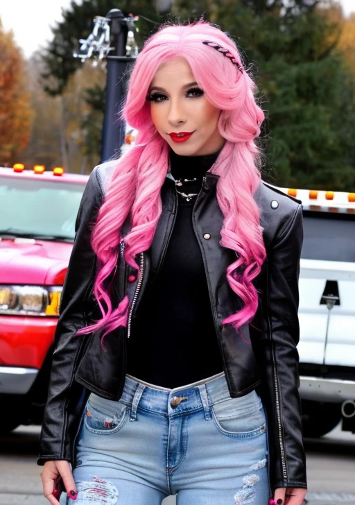 <lora:K3nz13R33v3s_v1:1>,  high quality, high resolution, K3nz13R33v3s girl, bright pink hair, long hair, slim, truck driver in jeans, black leather coat, mascara,