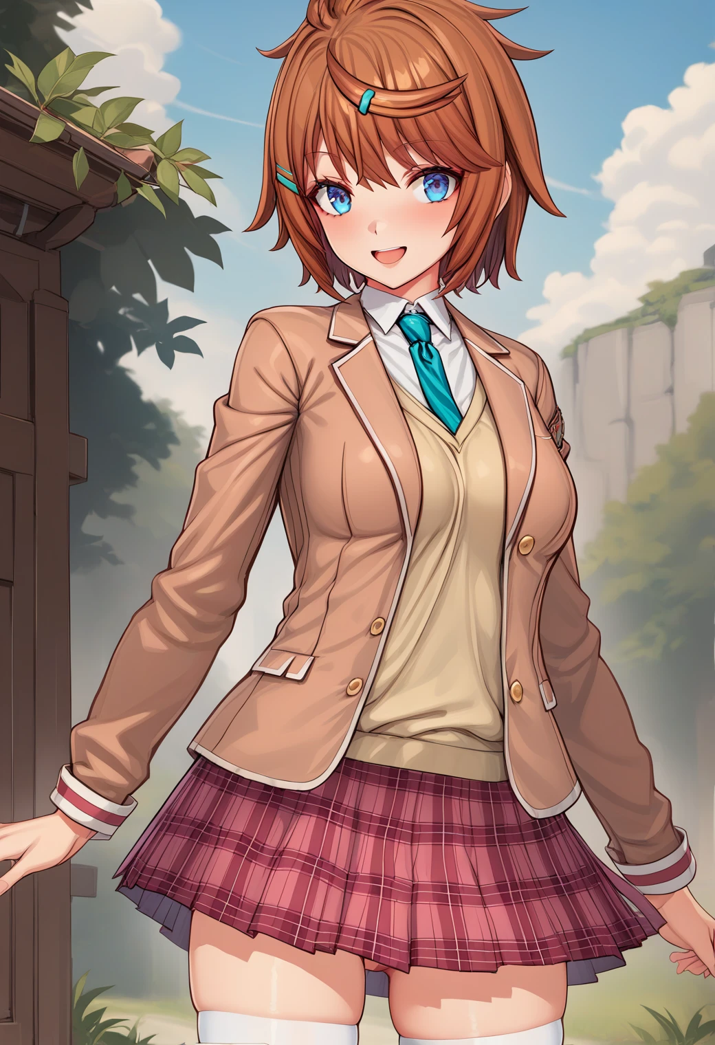 1girl, cowboy shot, smile, open mouth, nature, blue sky, 
bg_aki, blue eyes, brown hair, short hair, hair ornament, hairclip, school uniform, brown jacket, blazer, necktie, long sleeves, shirt, plaid skirt, white thighhighs, <lora:BG_aki_sdxl_ver1:0.7>
best quality, masterpiece