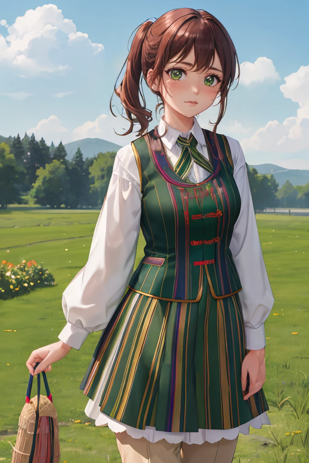 best quality, masterpiece, colorful, high contrast, dynamic lighting, 1girl, <lora:NSClothofMine:1> green NSCoM, wearing green NSCoM, brown hair, farm background, 1girl, embroidery, pinstripe pattern, sash