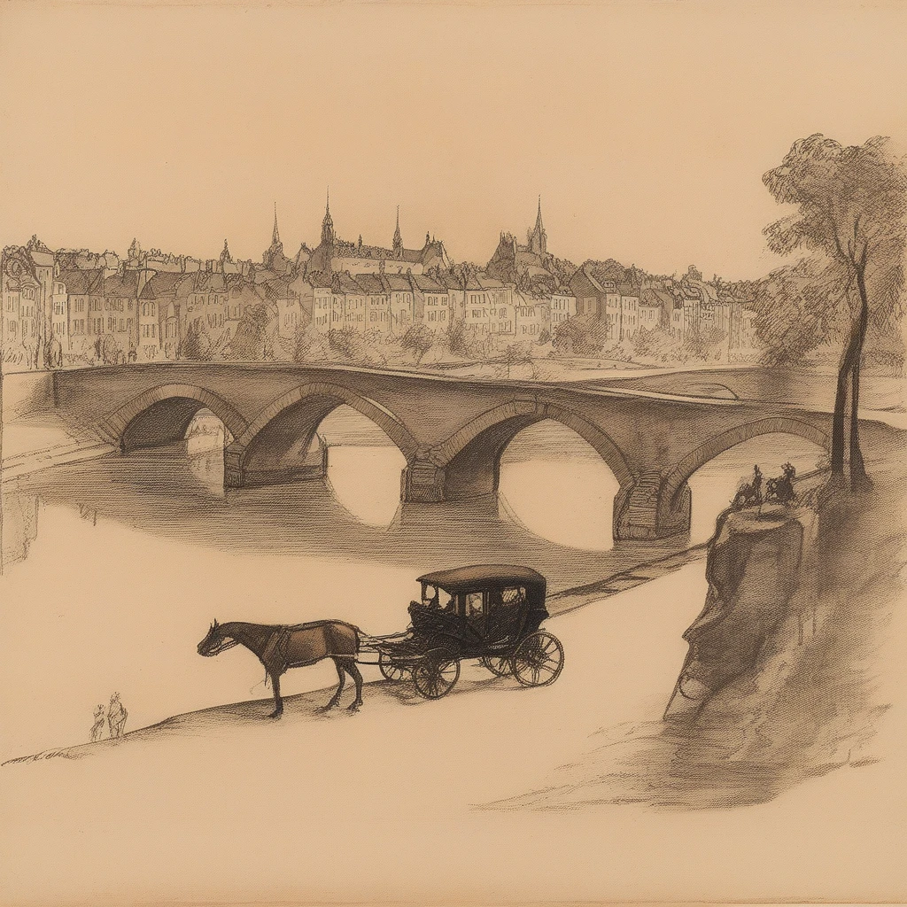 <lora:rough_sketch_xl_v2> rough sketch of a cobblestone bridge over a tranquil river, with a horse-drawn carriage crossing and a cityscape in the background, detailed