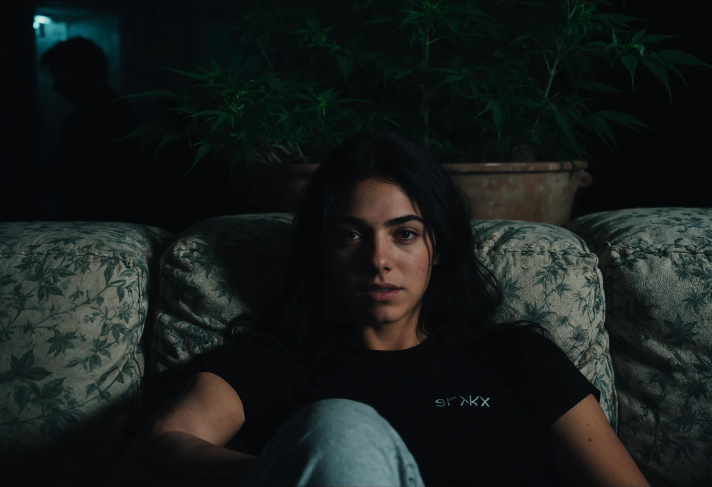 cinematic photo closeup (ohwx woman:1.3) on a couch in an abandoned dark basement surrounded but illicit hydroponic marijuana culture <lora:cascina_db128_v1_Lora:1.2> . 35mm photograph, film, bokeh, professional, 4k, highly detailed