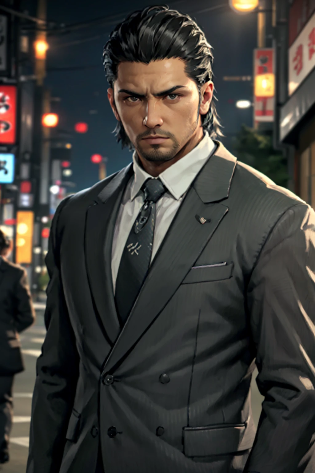 (1 image only),  solo male,  1boy,  Daigo Dojima,  Yakuza,  34 years old,  Asian,  Japanese,  black hair,  short hair,  slicked back hair,  stubble,  handsome,  white collared shirt,  (black suit jacket:1.4),  black necktie,  fit body,  mature,  manly,  hunk,  masculine,  virile,  confidence,  charming,  alluring,  upper body in frame,  night at Kabukicho Tokyo,  perfect anatomy,  perfect proportions,  8k,  HQ,  (best quality:1.5,  hyperrealistic:1.5,  photorealistic:1.4,  madly detailed CG unity 8k wallpaper:1.5,  masterpiece:1.3,  madly detailed photo:1.2),  (hyper-realistic lifelike texture:1.4,  realistic eyes:1.2),  high_resolution,  picture-perfect face,  perfect eye pupil,  detailed eyes,  perfecteyes,  perfecteyes,  dutch angle,<lora:EMS-498-EMS:0.400000>,<lora:EMS-283543-EMS:0.600000>