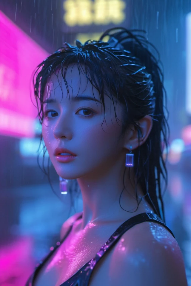 (Cyberpunk:1.4),1girl,solo,rain,looking at viewer,blurry,black hair,long hair,blurry background,upper body,neon lights,lips,depth of field,earrings,bangs,wet,nose,from side,jewelry,tank top,realistic,outdoors,looking to the side,closed mouth,bare shoulders,wet hair,ponytail,
<lora:cybepunk:0.8>,
