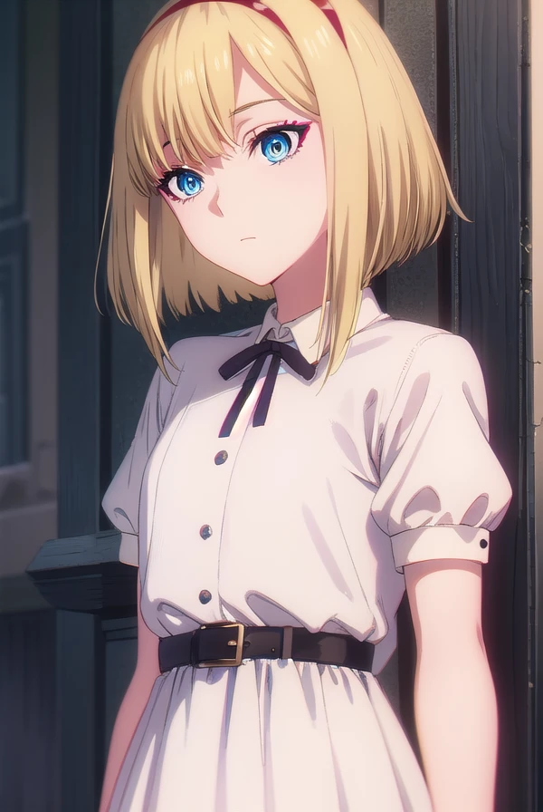 taktopdestiny, <lora:taktop destiny s1-normal-lora-nochekaiser:1>,
destiny, short hair, bangs, blue eyes, blonde hair, hairband, medium hair, red hairband,
BREAK dress, short sleeves, puffy sleeves, belt, white dress, puffy short sleeves, collared dress,
BREAK outdoors,
BREAK looking at viewer, (cowboy shot:1.5),
BREAK <lyco:GoodHands-beta2:1>, (masterpiece:1.2), best quality, high resolution, unity 8k wallpaper, (illustration:0.8), (beautiful detailed eyes:1.6), extremely detailed face, perfect lighting, extremely detailed CG, (perfect hands, perfect anatomy),