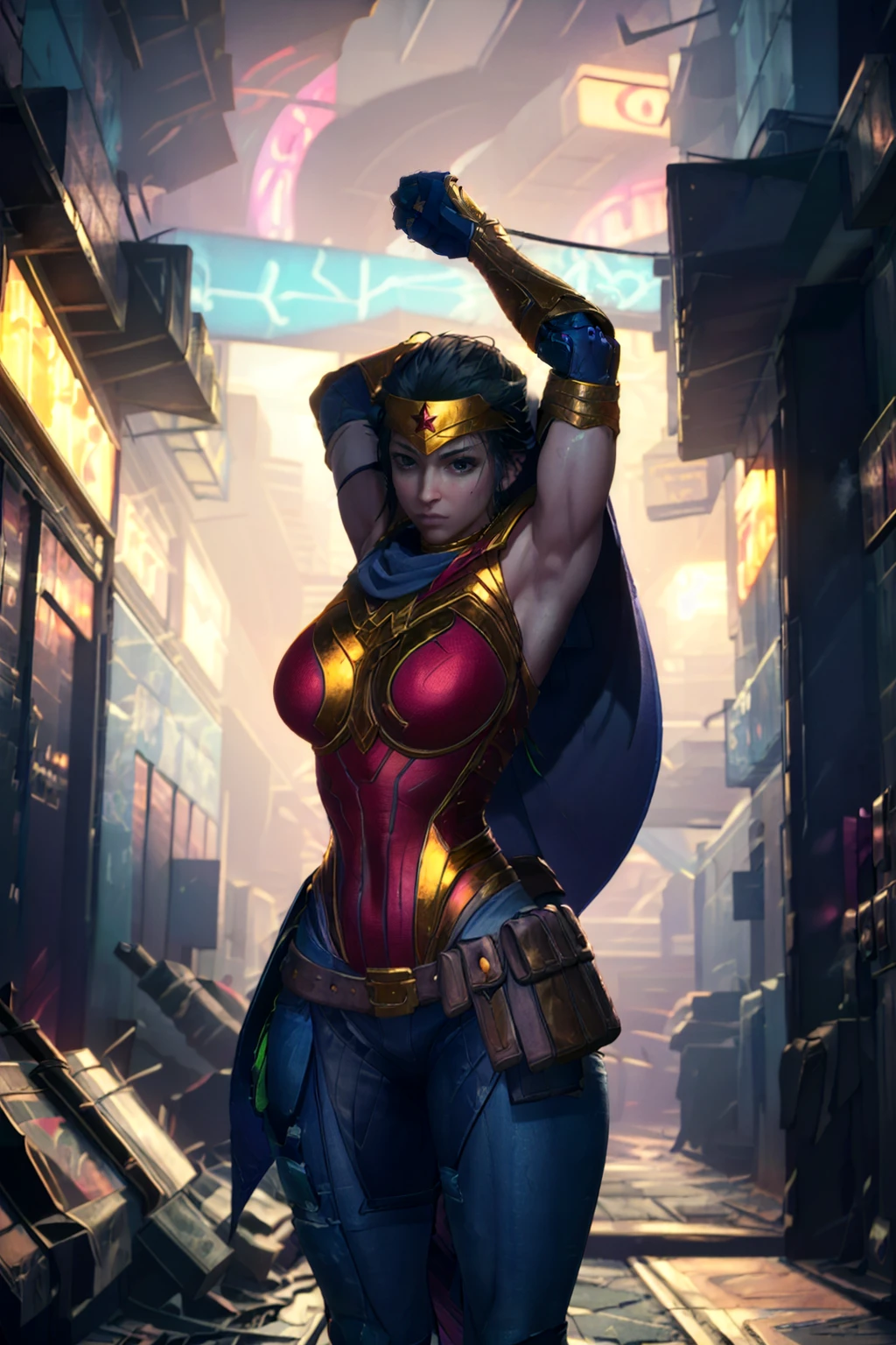 realistic, best quality, 8k uhd, dslr, soft lighting, high quality, arms up, arms behind head, Cyberpunk Alleyway with Neon Lights,  <lora:WonderWomanSSKTJLv1.0:0.8> wonderwomanssktjl,wonder woman,1girl,solo,tiara,red and gold armor,blue pants,cape,shoulder armor,armor ,looking at viewer