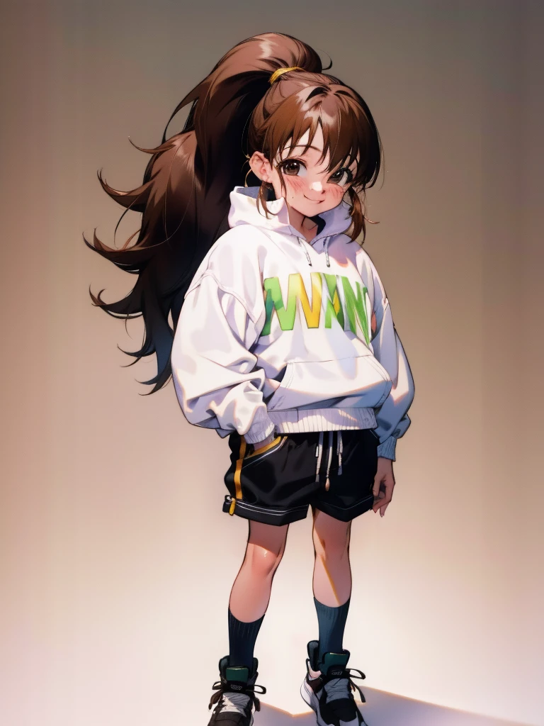 <lora:working-16:1>1girl, solo, popura, brown hair, long hair, high ponytail, huge breasts, rustle, clothes writing, oversized clothes, shirt, shorts, socks, shoes, smirk, masterpiece, best quality