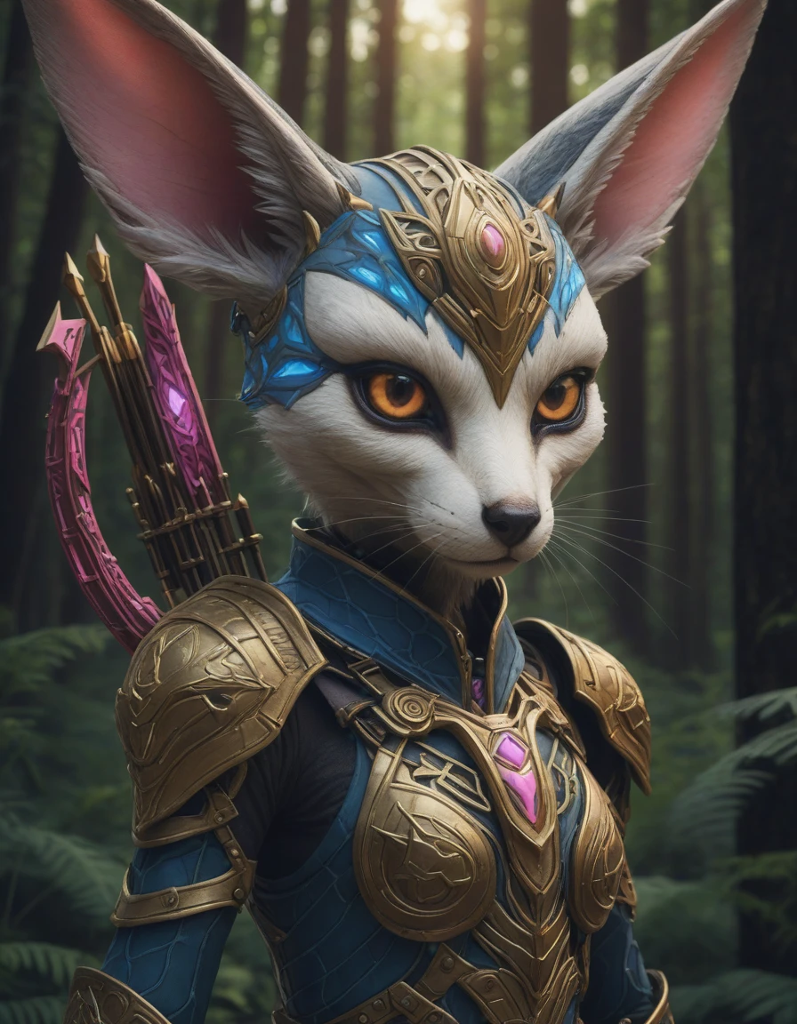 great lighting, the legend of Zelda, Focused lights, whimsical fairytale, psychedelic trip <lora:dare_fairytale_trip:0.8> BREAK face portrait of a cyborg fennec fox animal warrior standing in the forest, in black carbon fiber pink and blue sci-fi armor, light coming off of the armor, tech wear, sci-fi, intricate, elegant, highly detailed, digital painting, artstation, concept art, smooth, sharp focus, illustration, trending on art station, dynamic lighting, cinematic, ultra detailed, fantasy concept art, tournament archery range, straw targets, skilled archers, arrows flying through the air