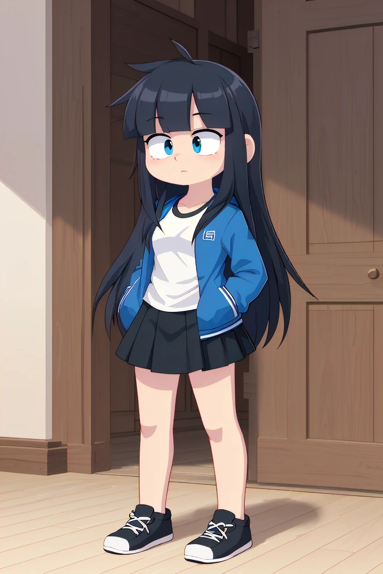 (best quality, masterpiece, hires), <lora:Marco_-_Marco_and_the_Galaxy_Dragon:0.8>, marcotoon, 1girl, blue jacket, black hair, long hair, full body, skirt, white t-shirt, dot eyes, <lora:hyperrefiner_v090:0.8>