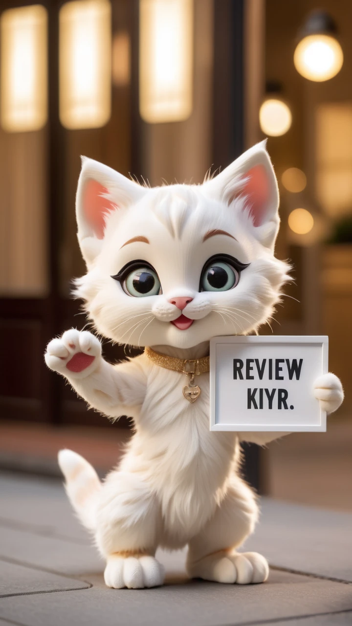 A photo of an anthropomorphic kitten, charming and lifelike, holding a 'Review' sign. Focus on natural allure with adorable, expressive features, blending kitten innocence and human-like awareness. Detail the fur, eyes, and posture meticulously. The 'Review' sign should match its playful character. Use soft lighting and a simple background to highlight the kitten and sign. Aim to engage viewers emotionally, portraying a unique, endearing narrative.