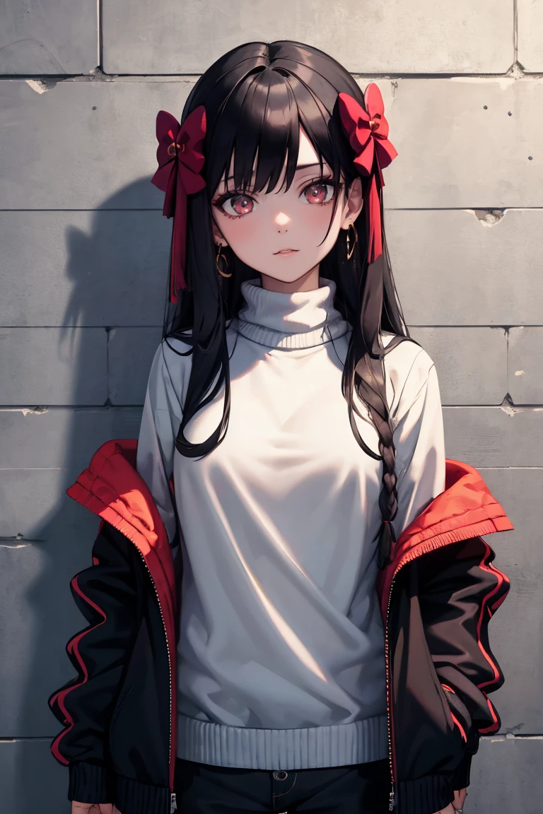 masterpiece, best quality, absurdres, ChikaruMinamoto, hair bow, earrings, sharp eyes, choker, neon shirt, open jacket, turtleneck sweater, night, against wall, brick wall, graffiti, dim lighting, alley, looking at viewer, <lora:ChikaruMinamoto:1>