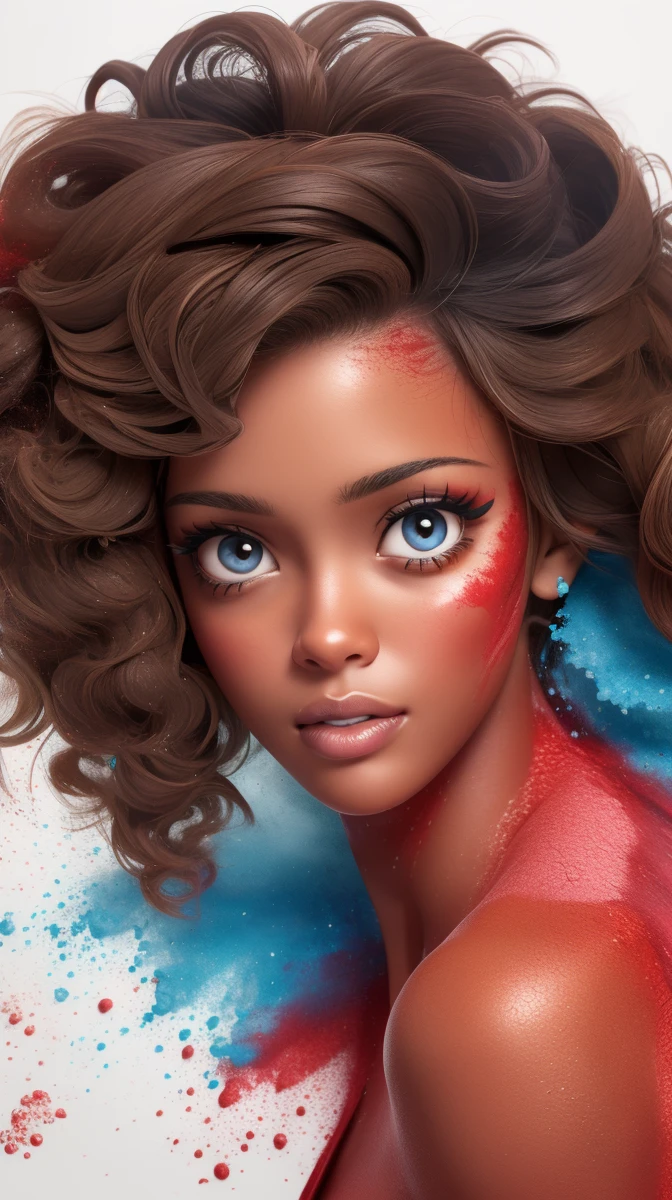 <lora:Sexy-American-Black:1> light brown eyes, curly black hair, afroamerican, full lips, clean face, red powder, white powder and deep blue powder splashes on background, high quality photography, <lora:powder_v1.0:1>